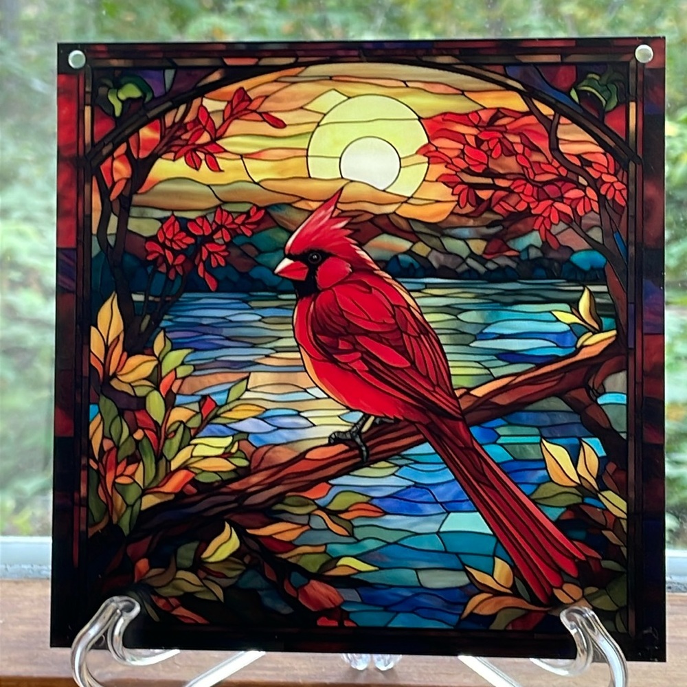 Square Red Cardinal Bird Wildlife Acrylic Suncatcher Faux Stained Glass Decor